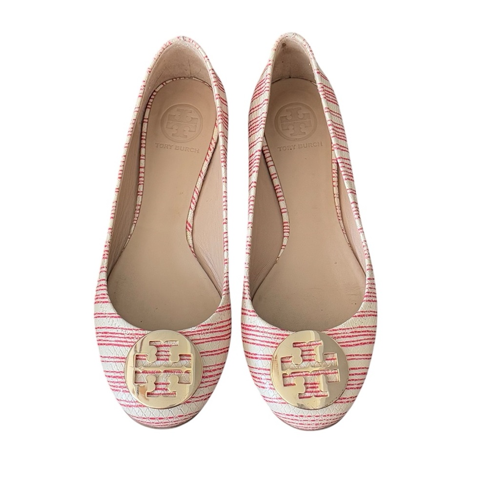 Tory Burch Reva Red & Cream Ballet Flats with Gold Logo Medallion